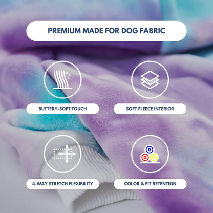 Warm winter dog outfit demonstrating the 4-way stretch premium fabric flexibility.