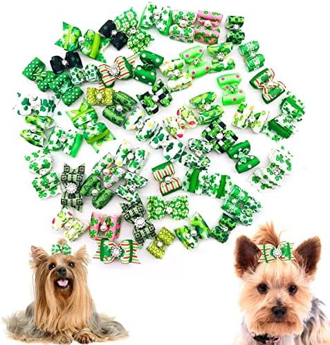 Assorted styles of green dog hair accessories for small breeds