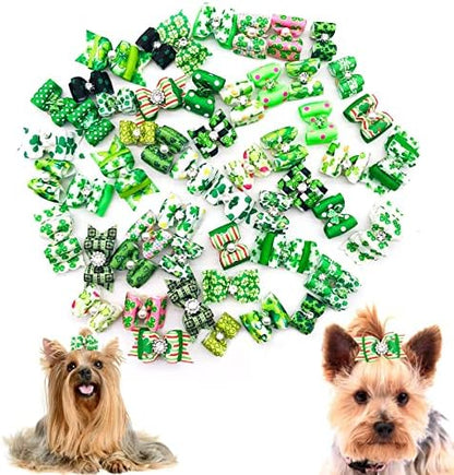 Assorted styles of green dog hair accessories for small breeds