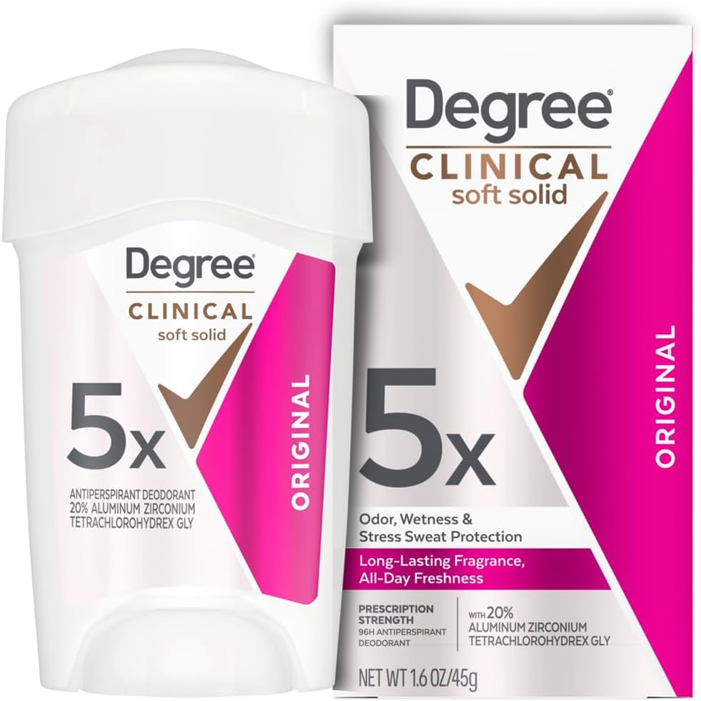 Degree Clinical Strength Antiperspirant Deodorant front packaging view showing clinical sweat protection details.