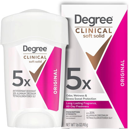 Degree Clinical Strength Antiperspirant Deodorant front packaging view showing clinical sweat protection details.