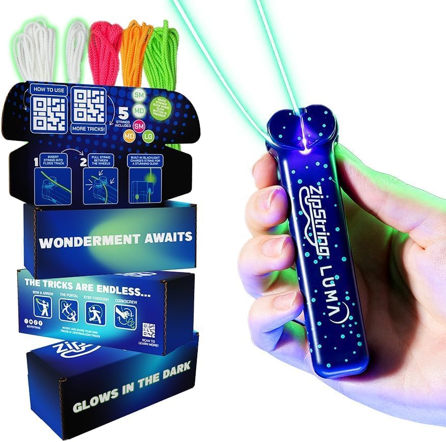 ZipString Luma glow in the dark string launcher toy front view showcasing the compact handheld device.