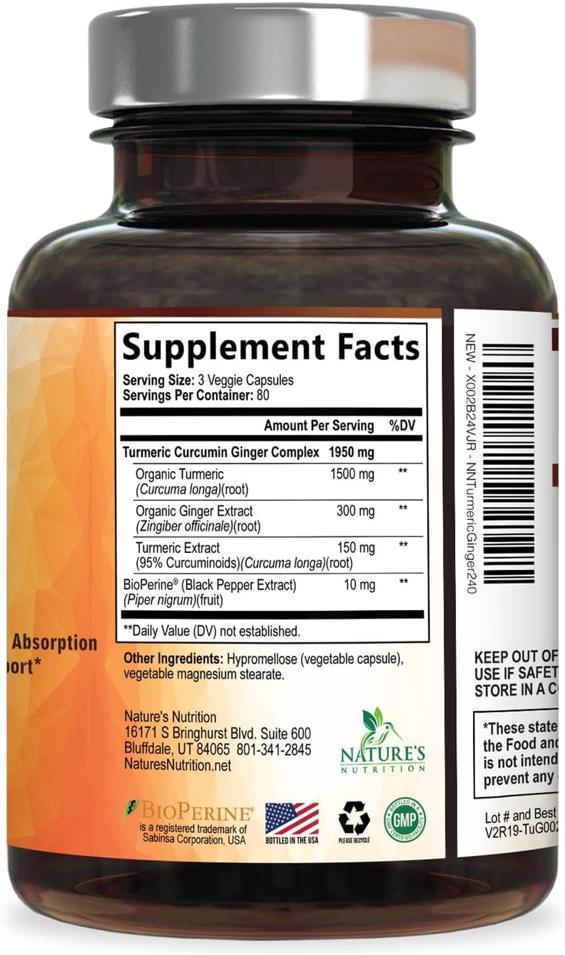 Turmeric Curcumin Supplement - 95% Curcuminoids with Organic Turmeric & Ginger, BioPerine Black Pepper Extract for Best Absorption, Natural Vegan Joint Support, Non-GMO, Bottled in USA - 240 Capsules - Image 9
