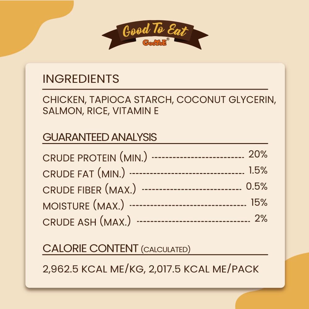 Gootoe premium dog treats ingredient breakdown showing real chicken and salmon