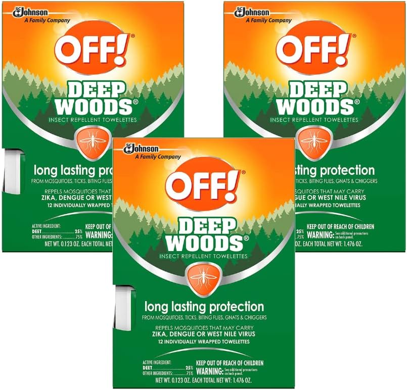 OFF! Deep Woods Insect Repellent Towelettes pack of three front view for mosquito defense.
