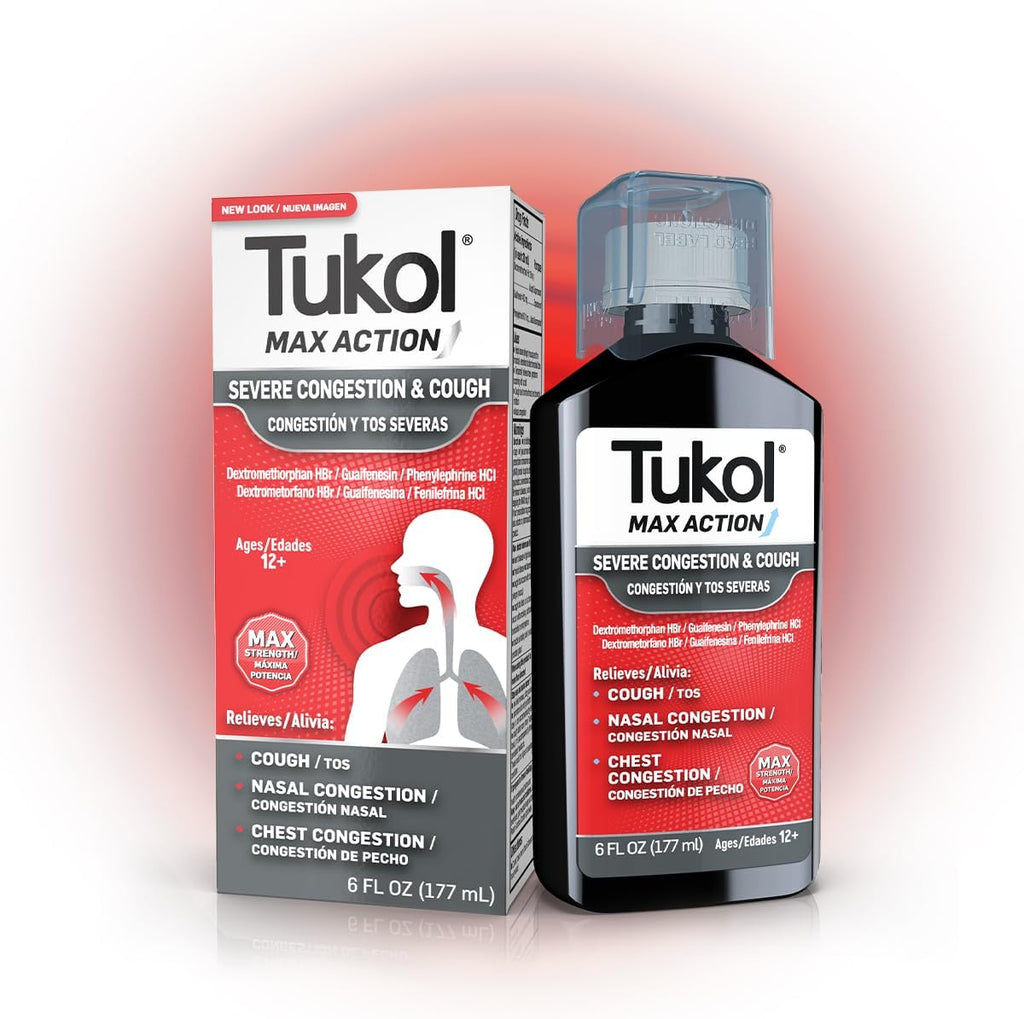 TUKOL Max Action Severe Congestion and Cough syrup front packaging for adult cold relief