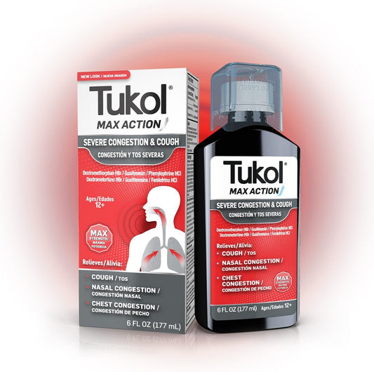 TUKOL Max Action Severe Congestion and Cough syrup front packaging for adult cold relief