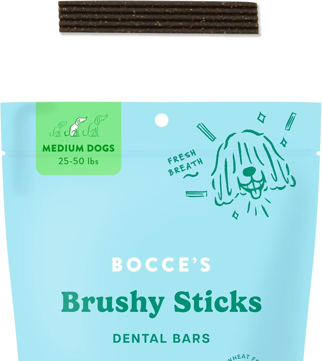 Bocce's Bakery wheat free dental bars for dogs showcasing the premium USA imported product bag
