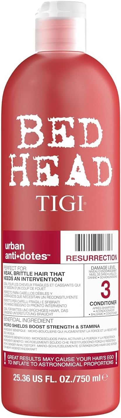 TIGI level three damage repair shampoo and conditioner duo bottles showcasing product benefits for brittle hair