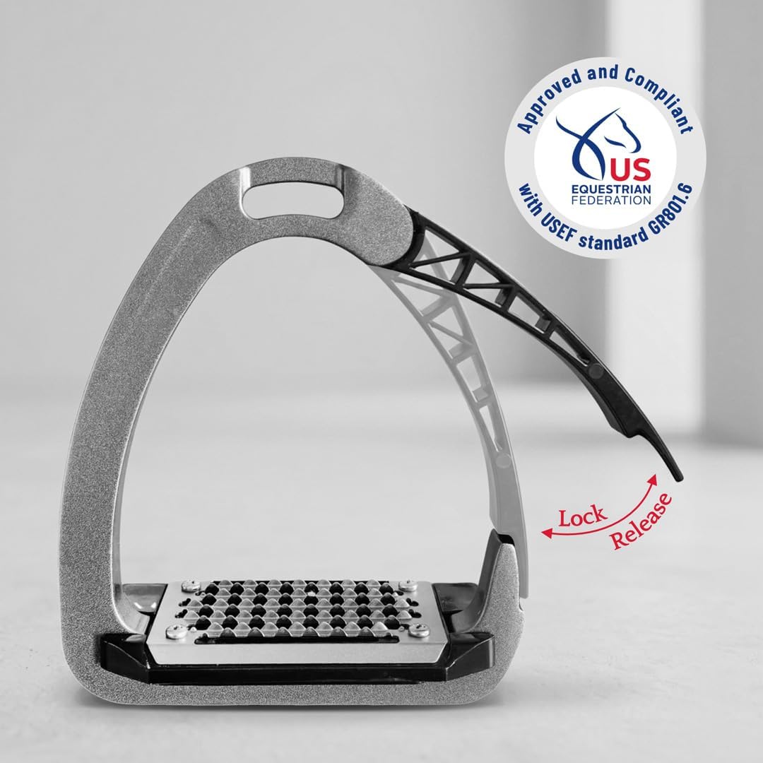 Side view of the TuffRider premium safety stirrups highlighting the flexible quick release outer hinge arm.