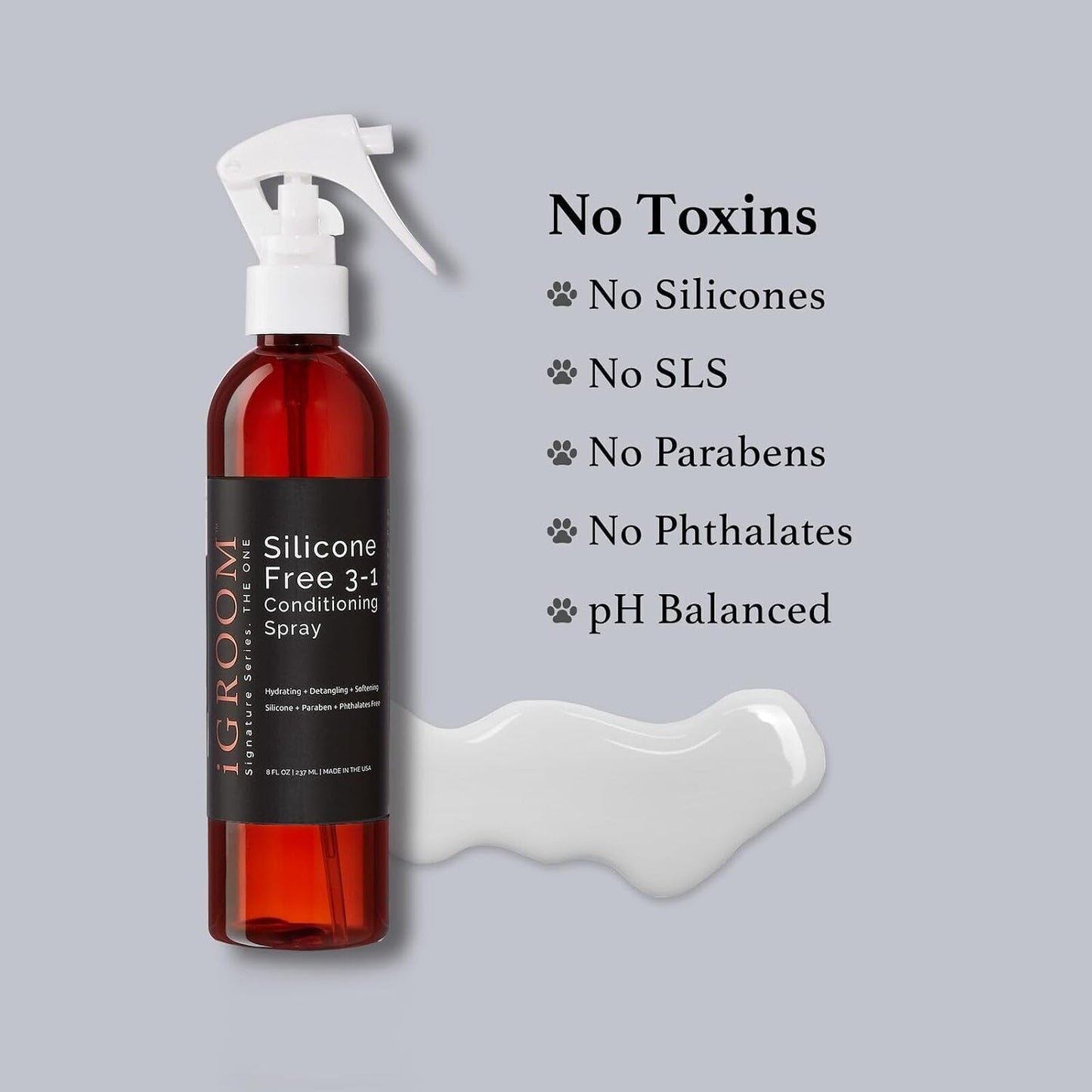 USA sourced iGroom dog detangler spray packaging showing 8 ounce volume specification