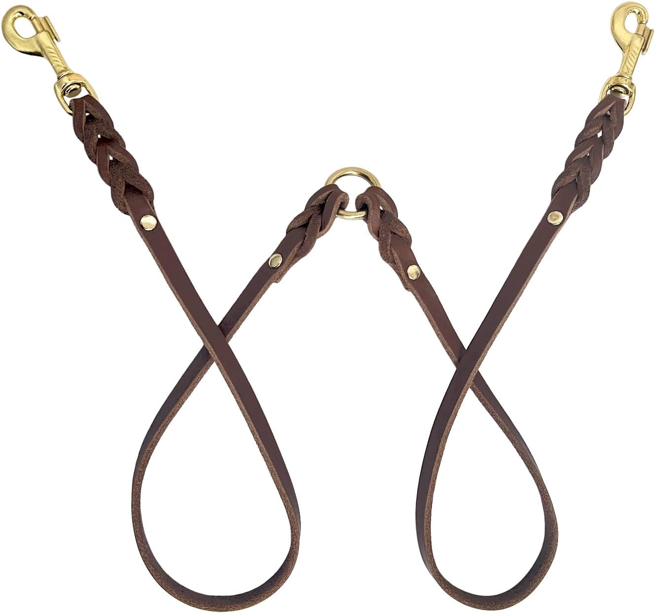 Guiding Star leather double dog leash front view showing brown full grain Italian leather styling