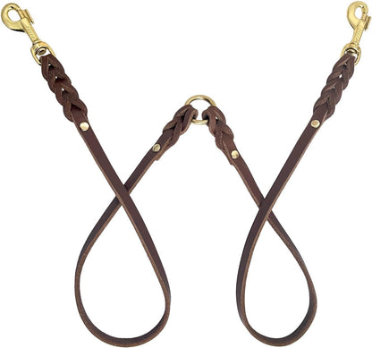 Guiding Star leather double dog leash front view showing brown full grain Italian leather styling
