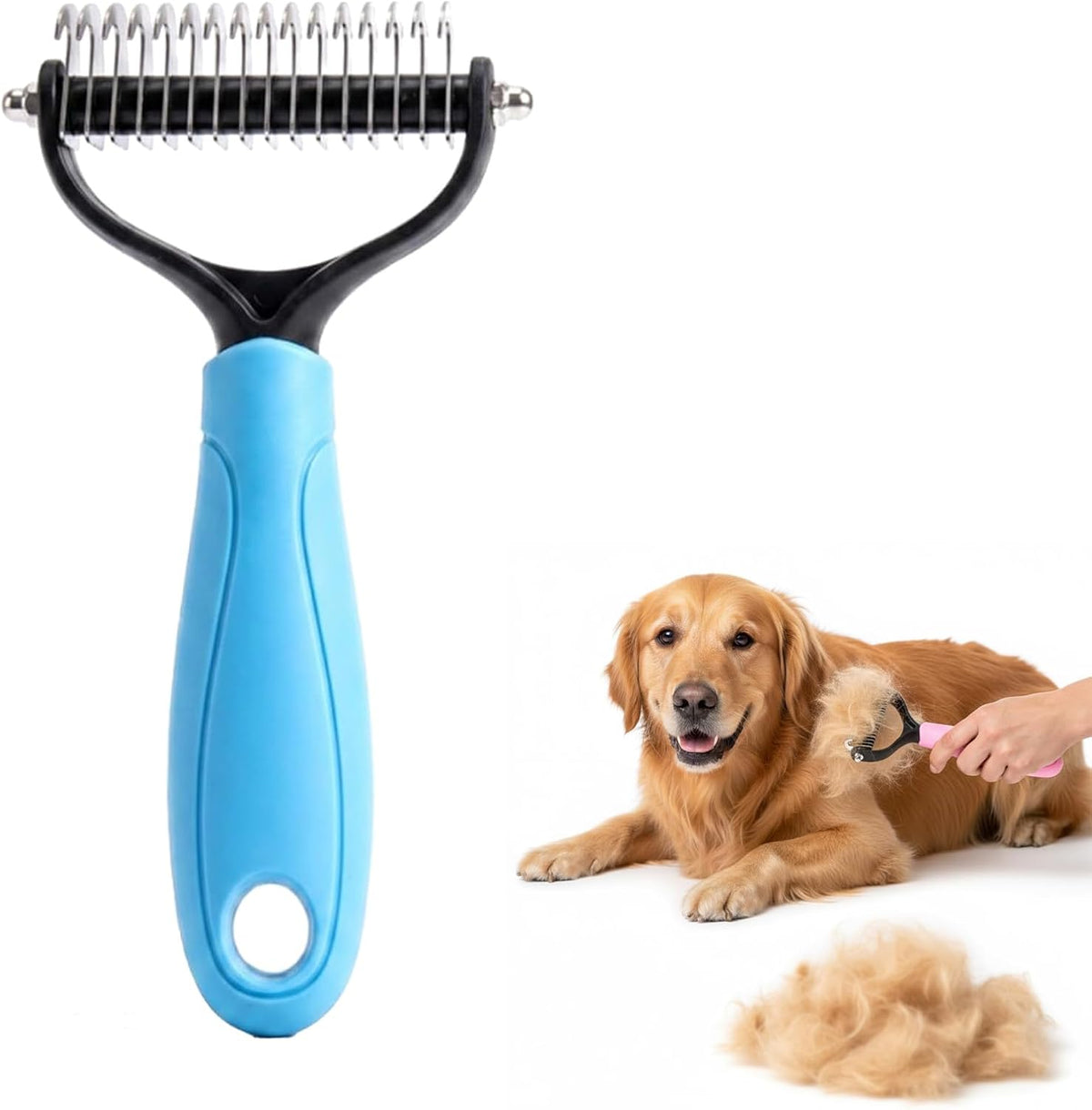 Dhgate double sided pet grooming brush blue large front view showing stainless steel teeth