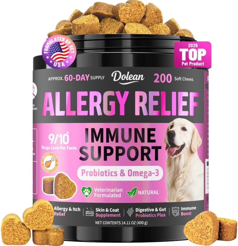 Dolean dog allergy relief chews 200 count jar front view for canine seasonal allergy support
