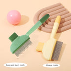 Dual length stainless steel teeth on pet deshedding brush close up view