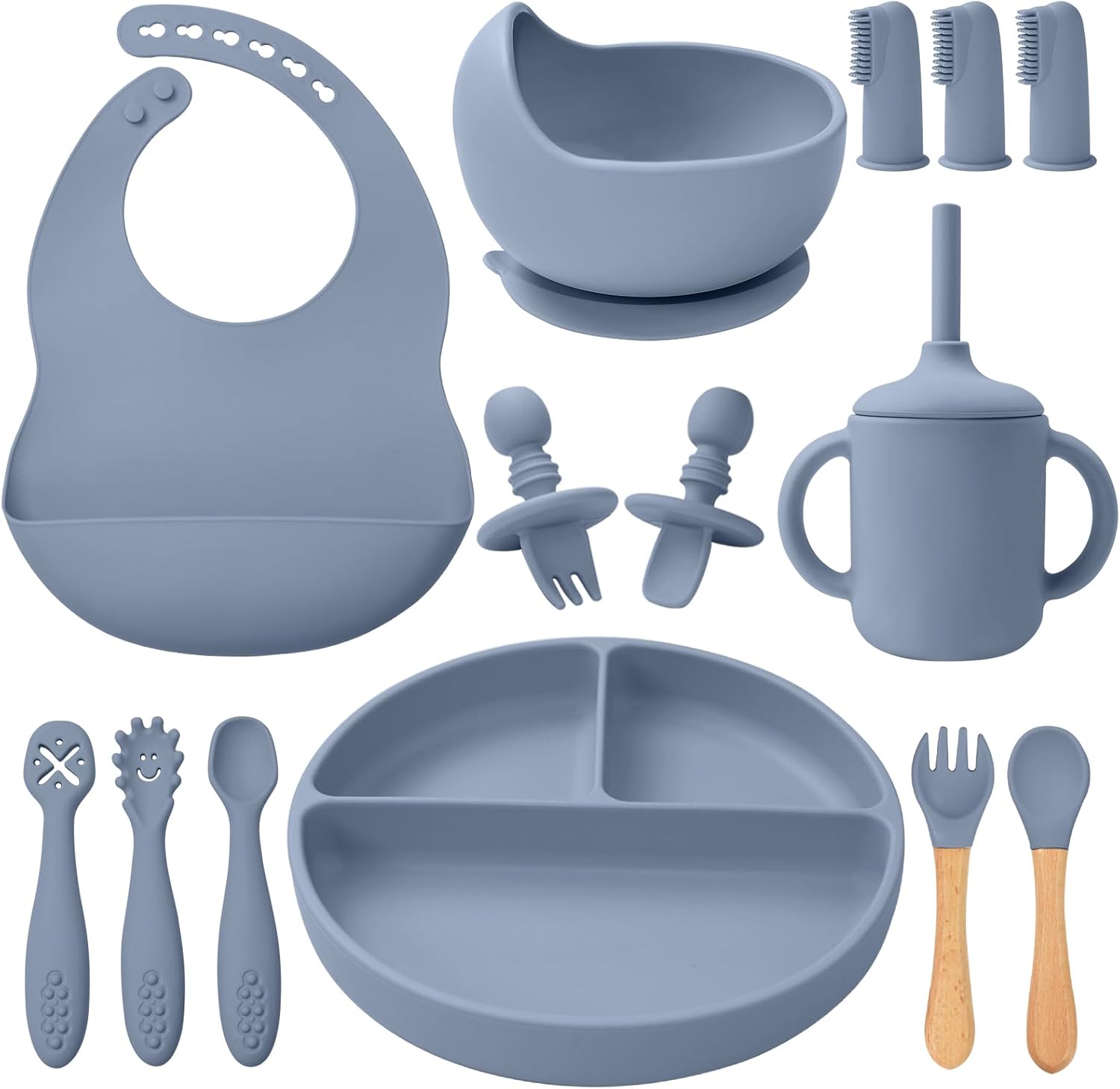 Little Rawr 14 piece silicone baby feeding set front view