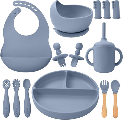 Little Rawr 14 piece silicone baby feeding set front view