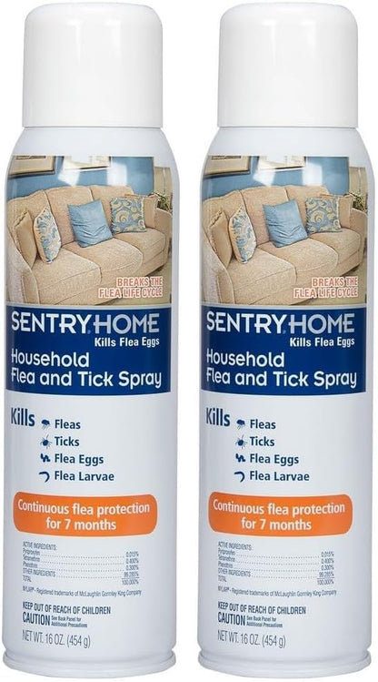 Close up of Sentry Home Household Flea and Tick Spray product packaging