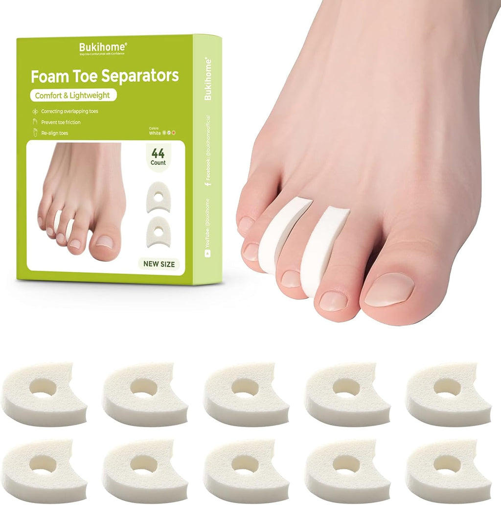 Bukihome foam toe separators 44-pack front view showcasing the soft white medical foam spacers.