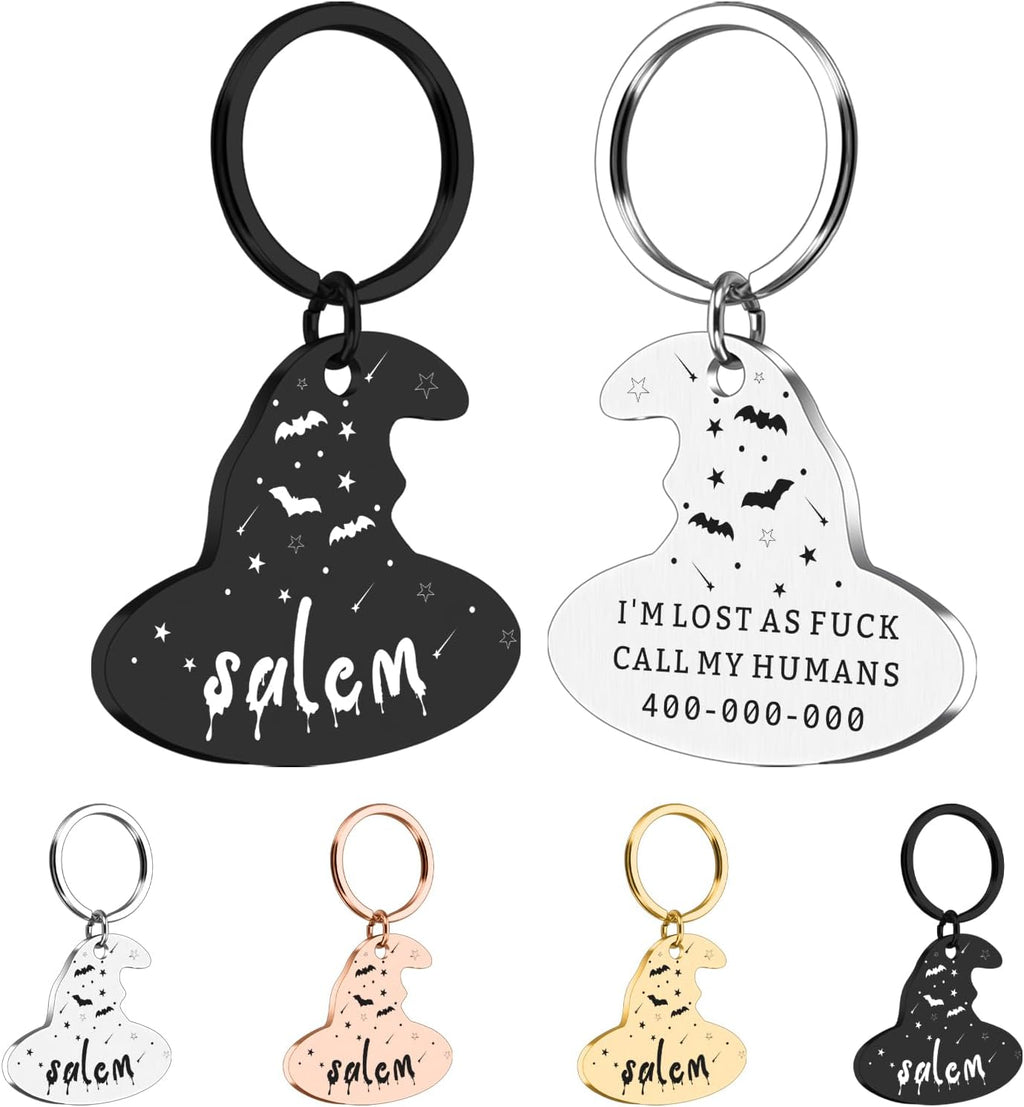 Personalized Magic Hats Cat ID Tags with Name-Halloween Gothic Collar for Pet Lovers Owners,Custom Spooky Halloween Dog Accessories,Boo Basket Suffers,Fall Gift for Pets (Lunar Phase Witch Hat) - Image 9