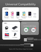 Anker fast charging type C to Lightning cable shown next to a smartphone device.