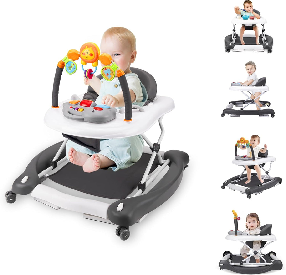 Boyro Baby activity walker front view with gray and white color scheme.