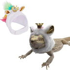 KUNBIUH lizard hat for bearded dragon front view featuring soft white plush cap with gold crown.