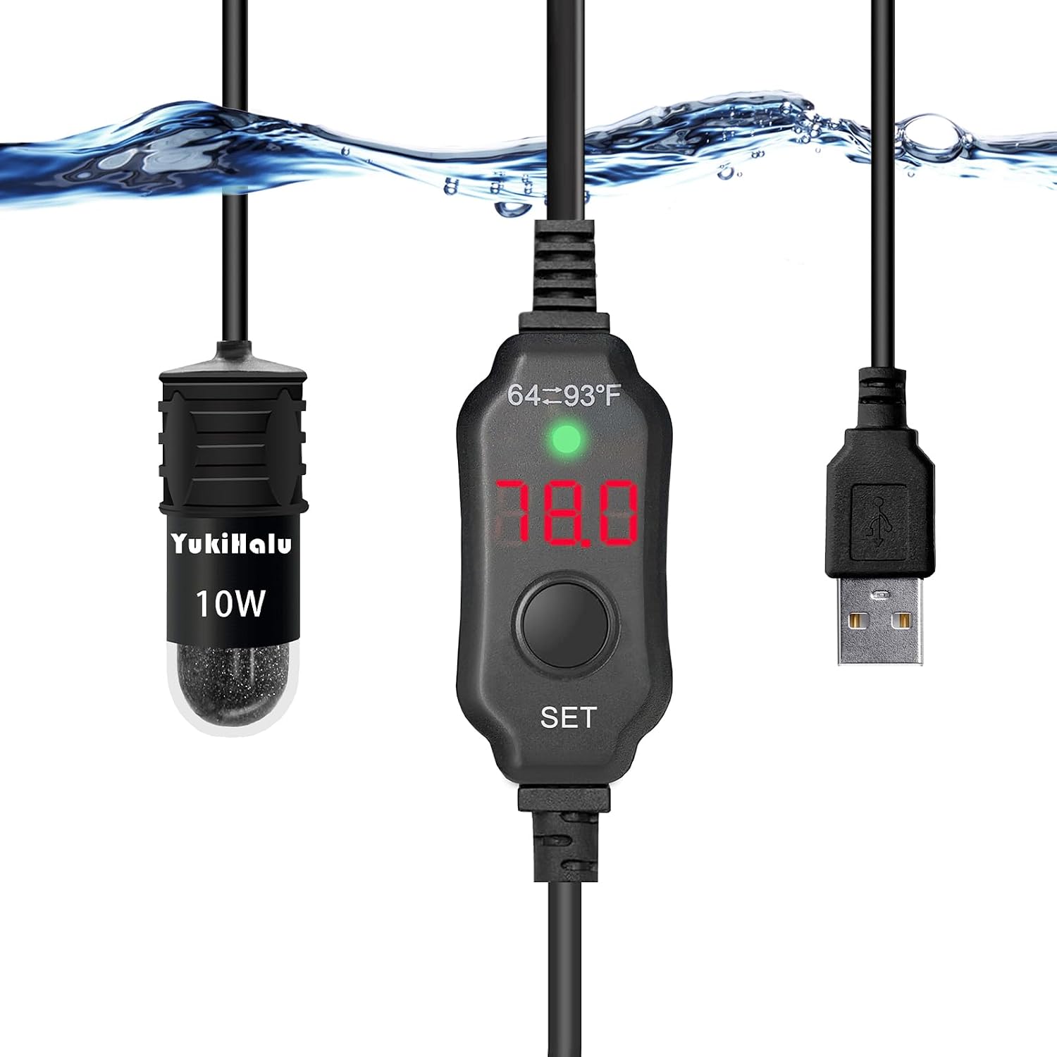 YukiHalu 10W USB aquarium heater front view showing LED display