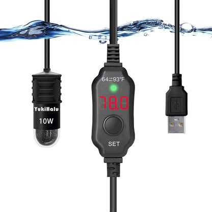 YukiHalu 10W USB aquarium heater front view showing LED display