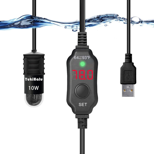 YukiHalu 10W USB aquarium heater front view showing LED display