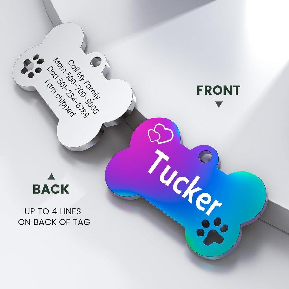 YEHANTI stainless steel pet identification tag displaying the reverse side with four lines of clear contact text.