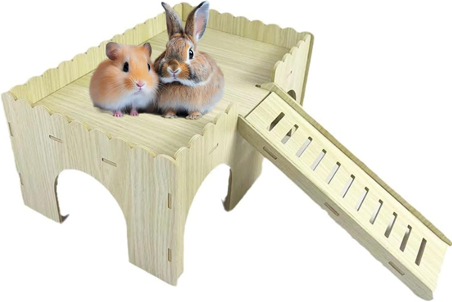 Large Wooden Guinea Pig House - 4 Entrances Small Animal Hide House Hideout with Ramp, Detachable Hut Habitats with Stairs for Hamsters Bunny Chinchillas Hedgeho-g Playing (Wood) - Image 1