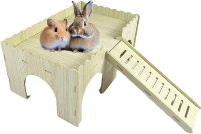 Large Wooden Guinea Pig House - 4 Entrances Small Animal Hide House Hideout with Ramp, Detachable Hut Habitats with Stairs for Hamsters Bunny Chinchillas Hedgeho-g Playing (Wood) - Image 1