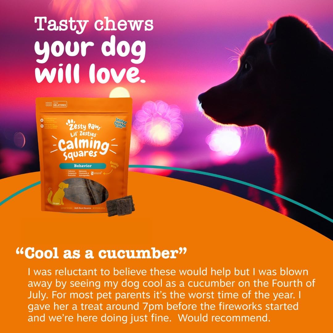 USA imported Zesty Paws calming treats side view packaging description