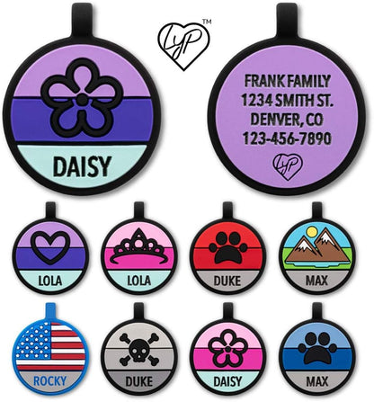 Waterproof custom pet identity tag with reinforced top loop ring.