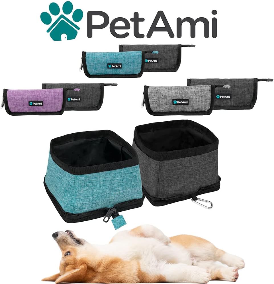 Pair of blue collapsible pet food bowls showing 3.5 Liters high capacity interior.