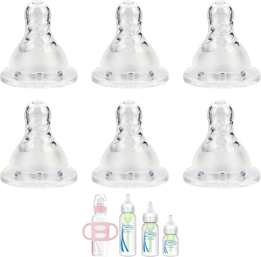 Dr. Brown's Level 2 narrow baby bottle silicone nipple front view of retail packaging.