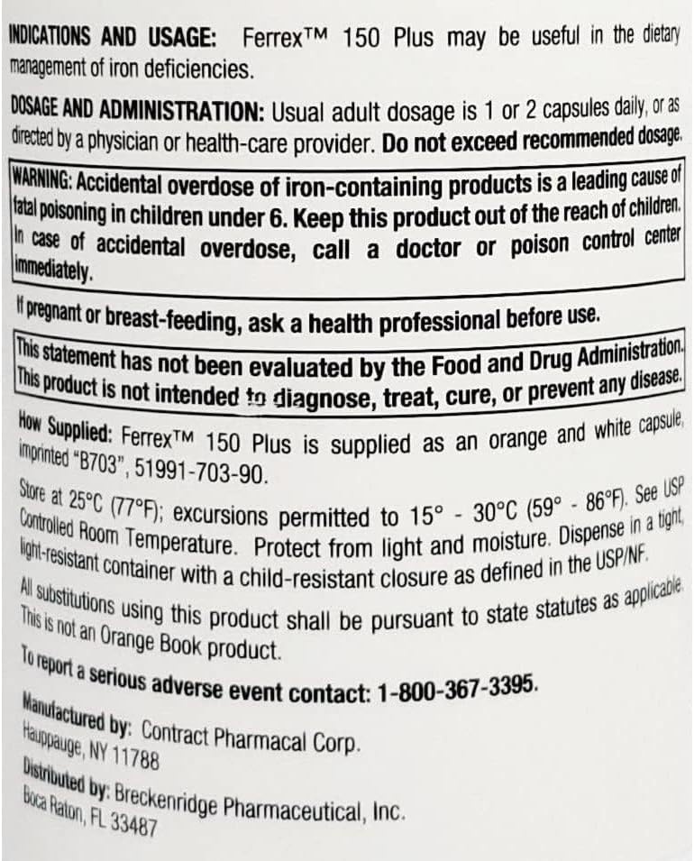 Ferrex 150 Polysaccharide Iron Complex 100 capsules container showcasing authentic USA imported packaging