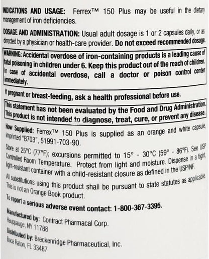 Ferrex 150 Polysaccharide Iron Complex 100 capsules container showcasing authentic USA imported packaging
