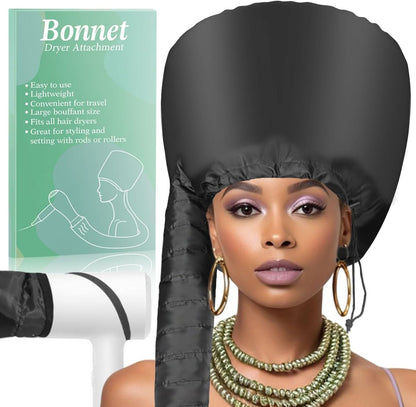SpiralScgv hooded hair dryer bonnet attachment in black showing front view on display model