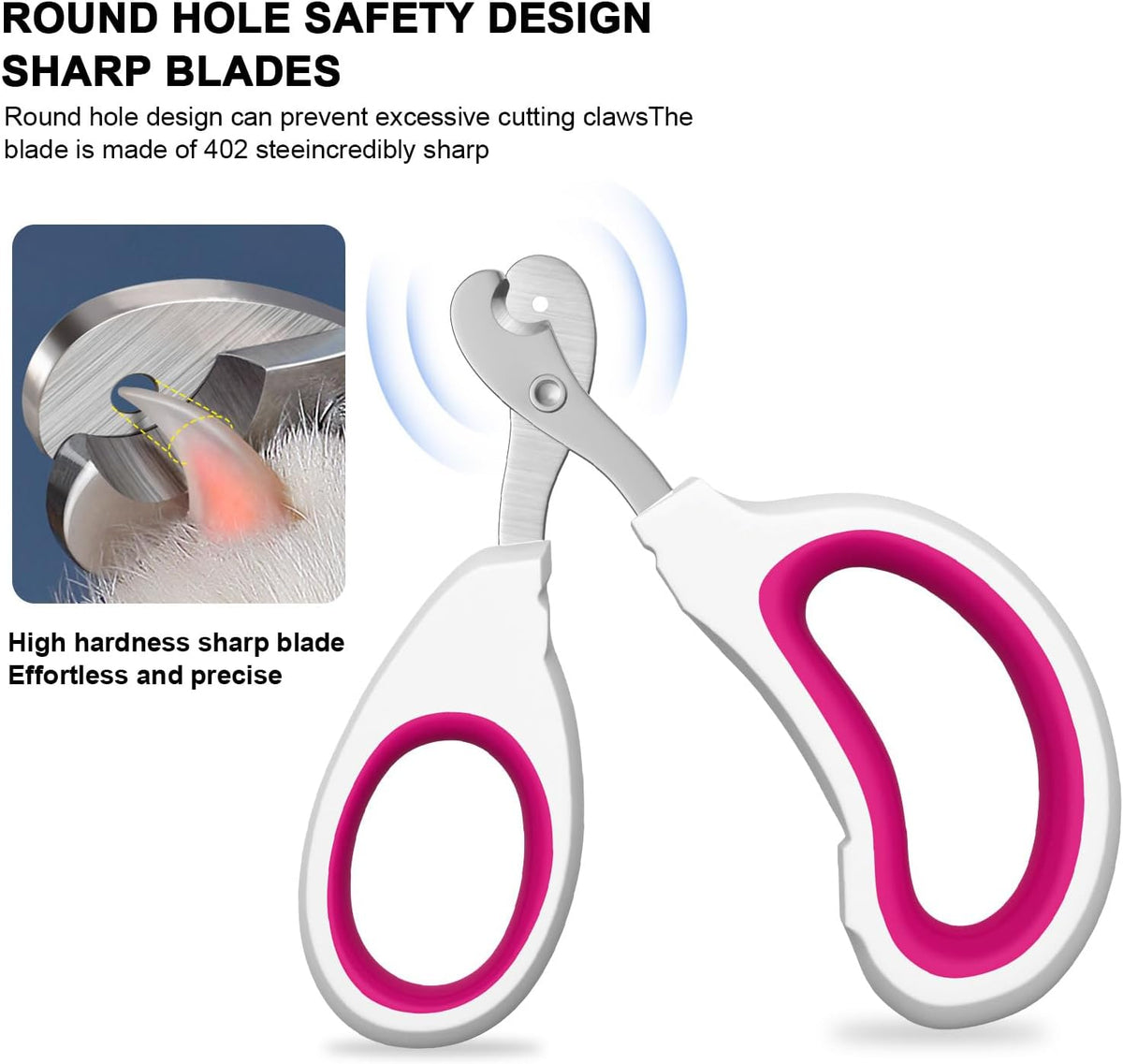 Stainless steel blades of the safety pet trimmer close up view