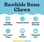 Hotspot Pets eight to nine inch rawhide bones displaying the knotted ends design for large dogs.