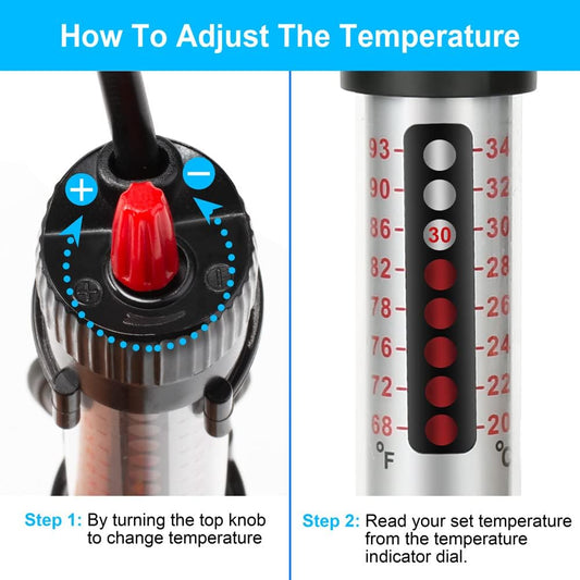 DaToo fish tank heater showing temperature scale indicator