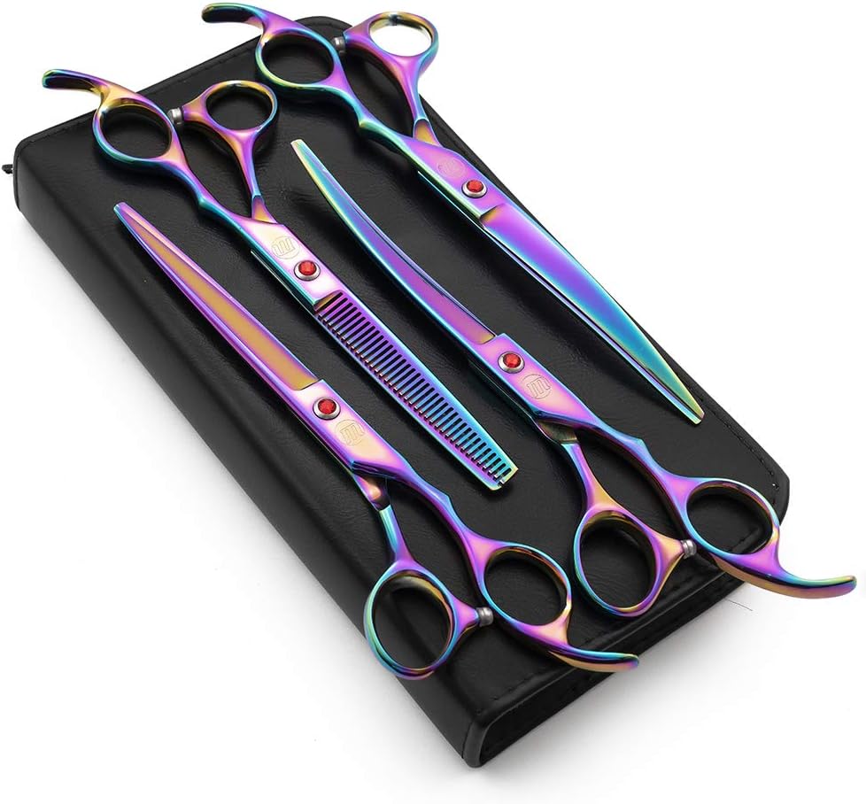 Four piece professional pet grooming shears set showing durable convex edge blades