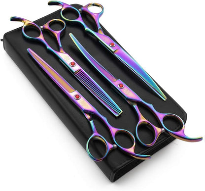 Four piece professional pet grooming shears set showing durable convex edge blades