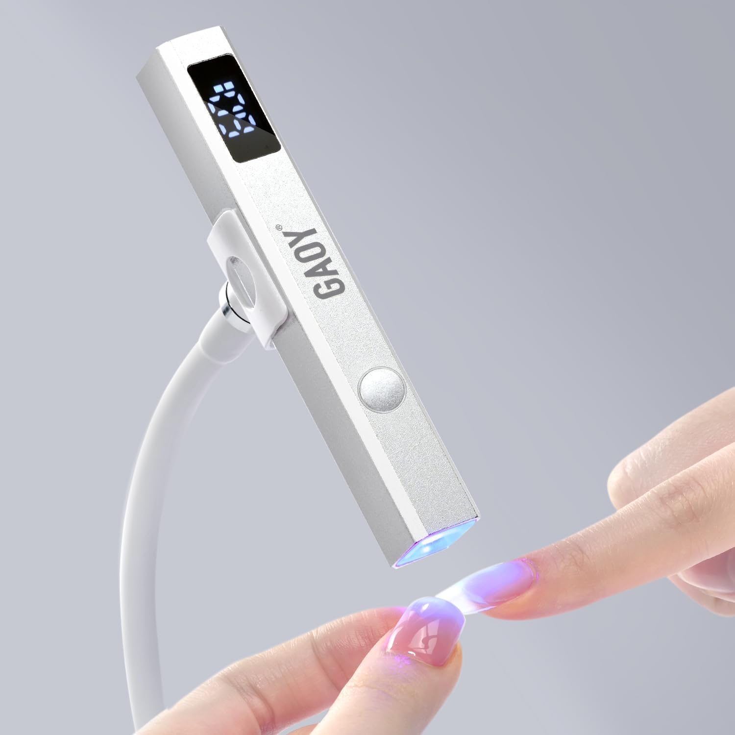 GAOY cordless nail lamp front view showing silver handheld design with flexible stand
