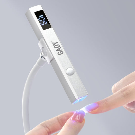 GAOY cordless nail lamp front view showing silver handheld design with flexible stand