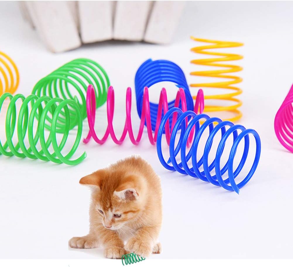 Bright pink blue and yellow interactive cat springs showcasing high elasticity and smooth finish
