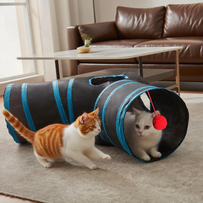 Black and blue interactive play tunnel with central peek hole